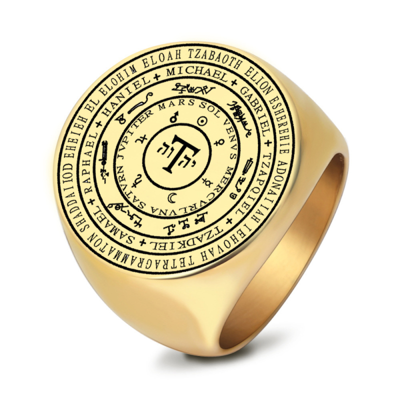 Prsten s Tetragrammatonom i amuletom: sedam planeta i sedam arhanđela, geometrijski oblik od nehrđajućeg čelika, lasersko graviranje, unisex