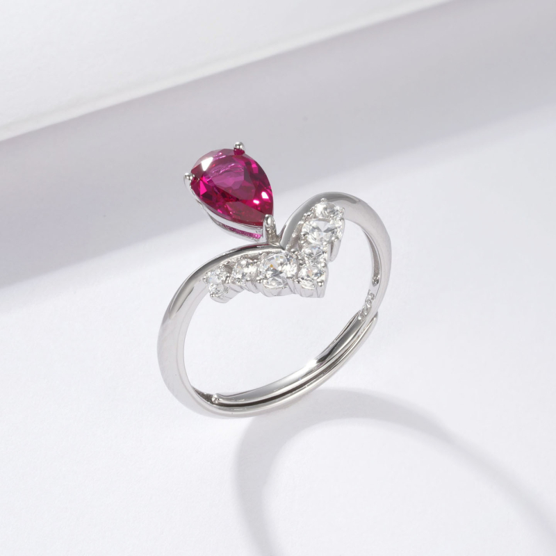 Пръстен, регулируем отворен дизайн, култивиран рубин, ръчна изработка, персонализация с 18k злато