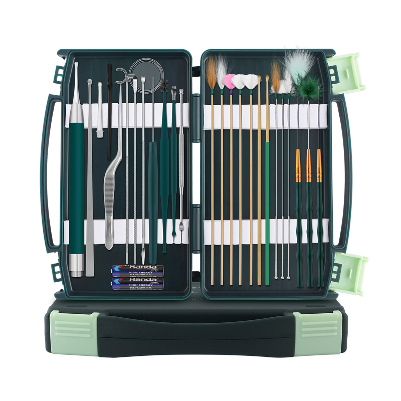 Sada na čistenie uší pre deti so svetlými lyžičkami a zväčšením; materiály: nehrdzavejúca oceľ, plast, bambus; 100 kusov; s logom