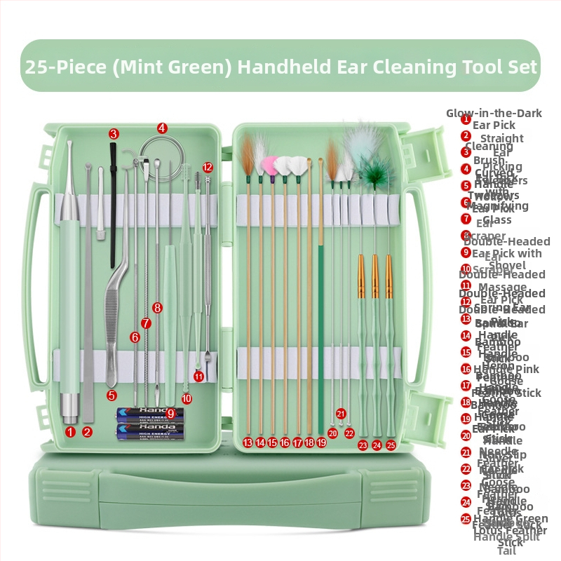 Sada na čistenie uší pre deti so svetlými lyžičkami a zväčšením; materiály: nehrdzavejúca oceľ, plast, bambus; 100 kusov; s logom