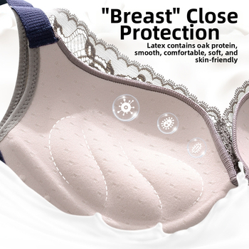 Sutien din dantelă fără armături, cupă 3/4, cupe turnate cu partea superioară subțire și partea inferioară groasă, bretele fixe duble, închidere pe spate cu patru rânduri