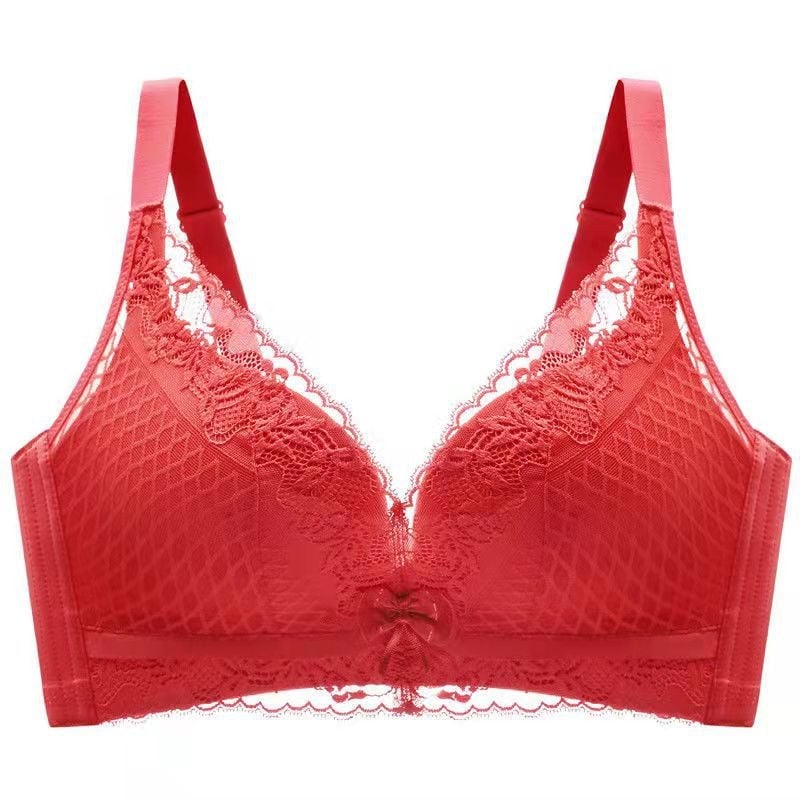 Sutien din dantelă fără armături, cupă 3/4, cupe turnate cu partea superioară subțire și partea inferioară groasă, bretele fixe duble, închidere pe spate cu patru rânduri