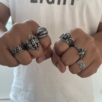 Muški punk set prstena s krunom lubanje, od cinkove legure, elektroplatiranje, ljeto 2024
