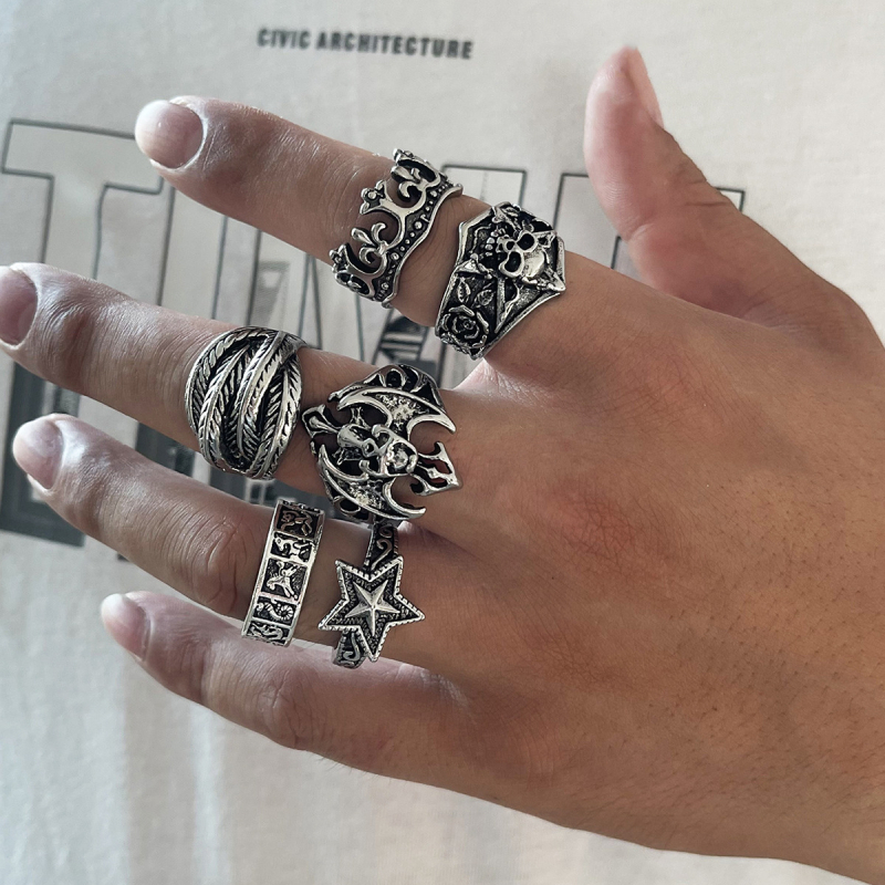 Muški punk set prstena s krunom lubanje, od cinkove legure, elektroplatiranje, ljeto 2024