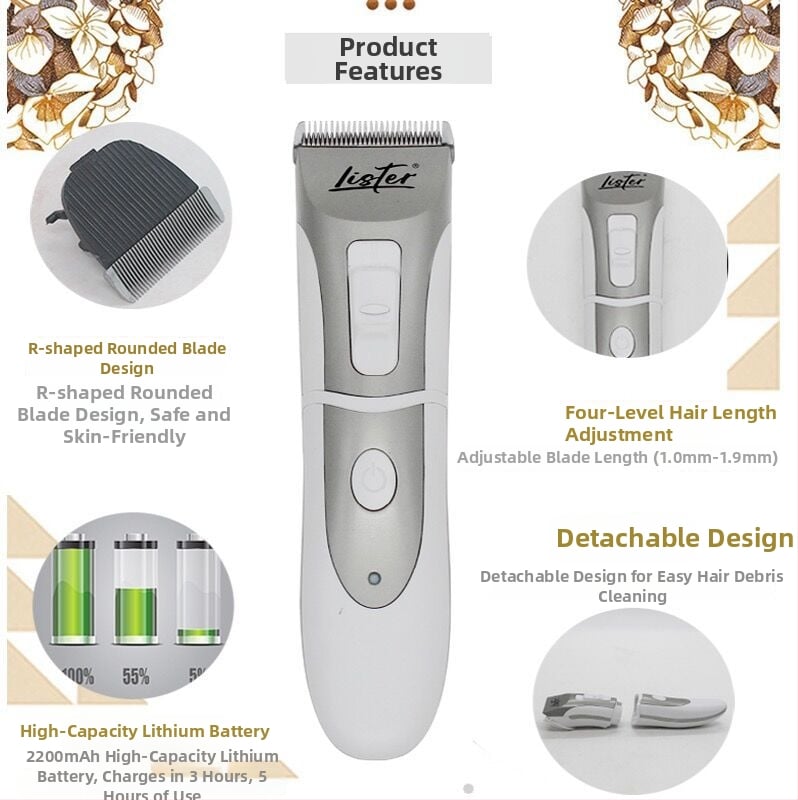 Безжичен електрически подстригвач за кучета и котки, Lester X5/A8 – клипер с глава за подстригване на коса