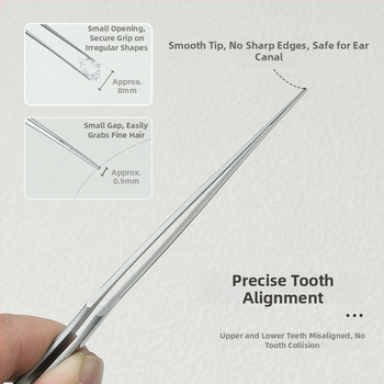 Nerezové oceľové pinzety na čistenie uší s dizajnom pištoľového ohybu, protišmyková rukoväť a zubovité špičky — na odstránenie ušného mazu a cudzieho predmetu, Little Plum