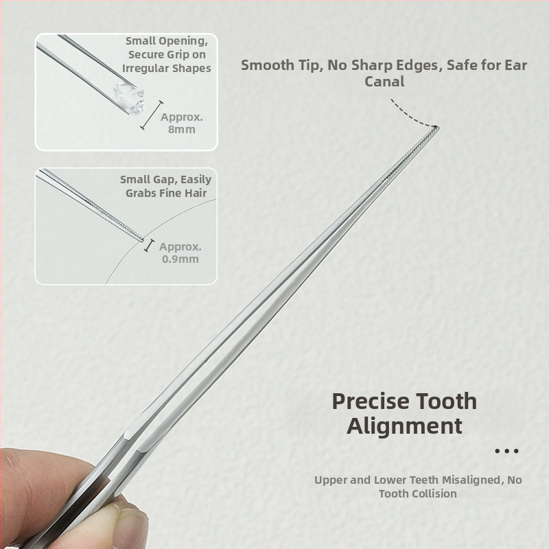 Nerezové oceľové pinzety na čistenie uší s dizajnom pištoľového ohybu, protišmyková rukoväť a zubovité špičky — na odstránenie ušného mazu a cudzieho predmetu, Little Plum