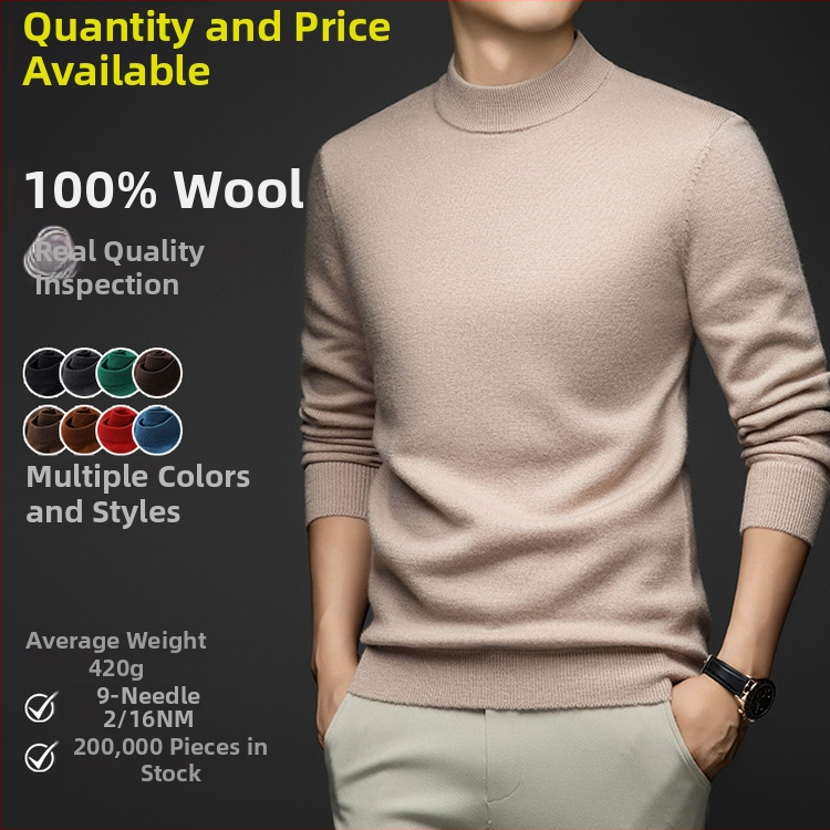 Ανδρικός πουλόβερ από 100% μαλλί με ημιψηλό λαιμό, παχύ πλέξιμο, 420 g, μακριά μανίκια