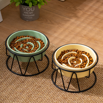 Kerámiás háziállat etető tál lassú etetéssel, vas állvánnyal, kutyáknak és macskáknak, megakadályozza a falást és a kibillentést