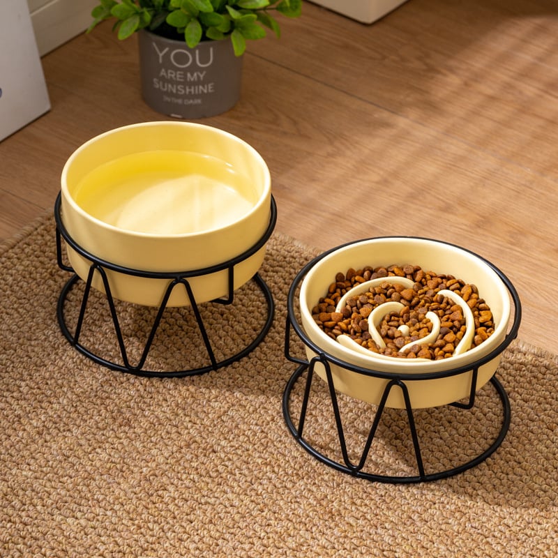 Kerámiás háziállat etető tál lassú etetéssel, vas állvánnyal, kutyáknak és macskáknak, megakadályozza a falást és a kibillentést