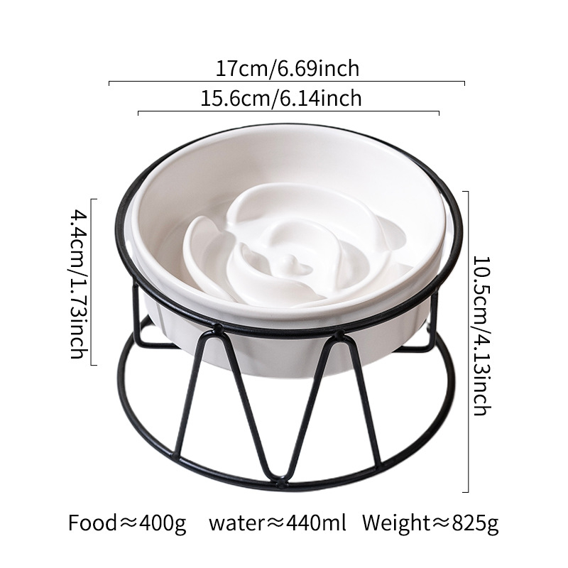 Kerámiás háziállat etető tál lassú etetéssel, vas állvánnyal, kutyáknak és macskáknak, megakadályozza a falást és a kibillentést