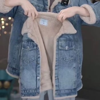 Djevojačka traper jakna s fleec podstavom, debela za zimu, zatvaranje na zip, korejski stil, 100% poliester denim