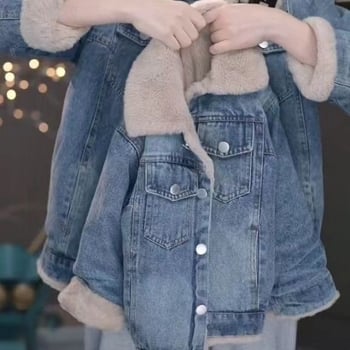 Djevojačka traper jakna s fleec podstavom, debela za zimu, zatvaranje na zip, korejski stil, 100% poliester denim