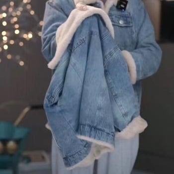Djevojačka traper jakna s fleec podstavom, debela za zimu, zatvaranje na zip, korejski stil, 100% poliester denim