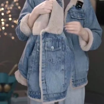 Djevojačka traper jakna s fleec podstavom, debela za zimu, zatvaranje na zip, korejski stil, 100% poliester denim