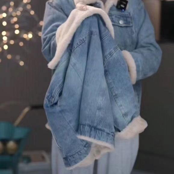 Djevojačka traper jakna s fleec podstavom, debela za zimu, zatvaranje na zip, korejski stil, 100% poliester denim