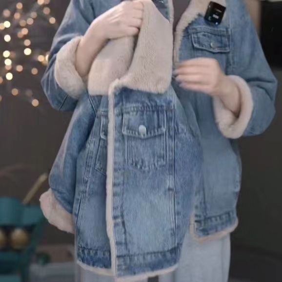 Djevojačka traper jakna s fleec podstavom, debela za zimu, zatvaranje na zip, korejski stil, 100% poliester denim