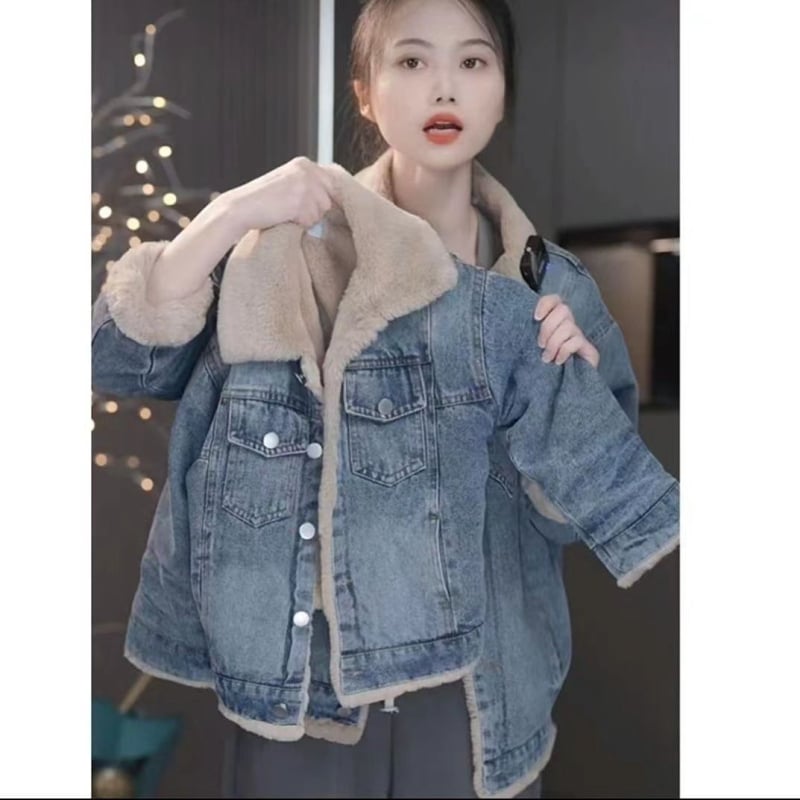 Djevojačka traper jakna s fleec podstavom, debela za zimu, zatvaranje na zip, korejski stil, 100% poliester denim