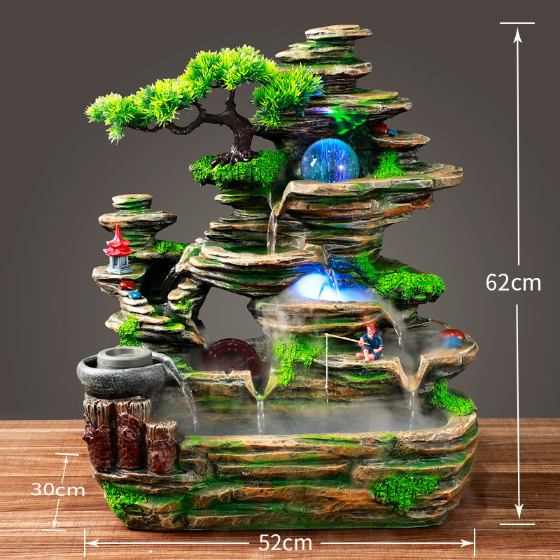 Dekorativni rockery fontan s tekućom vodom i Feng Shui kotačićem – smola, ručno bojana, pastoralni stil, graviranje, dekor dnevnog boravka i ureda, poslovni poklon