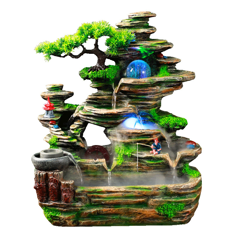 Dekorativni rockery fontan s tekućom vodom i Feng Shui kotačićem – smola, ručno bojana, pastoralni stil, graviranje, dekor dnevnog boravka i ureda, poslovni poklon