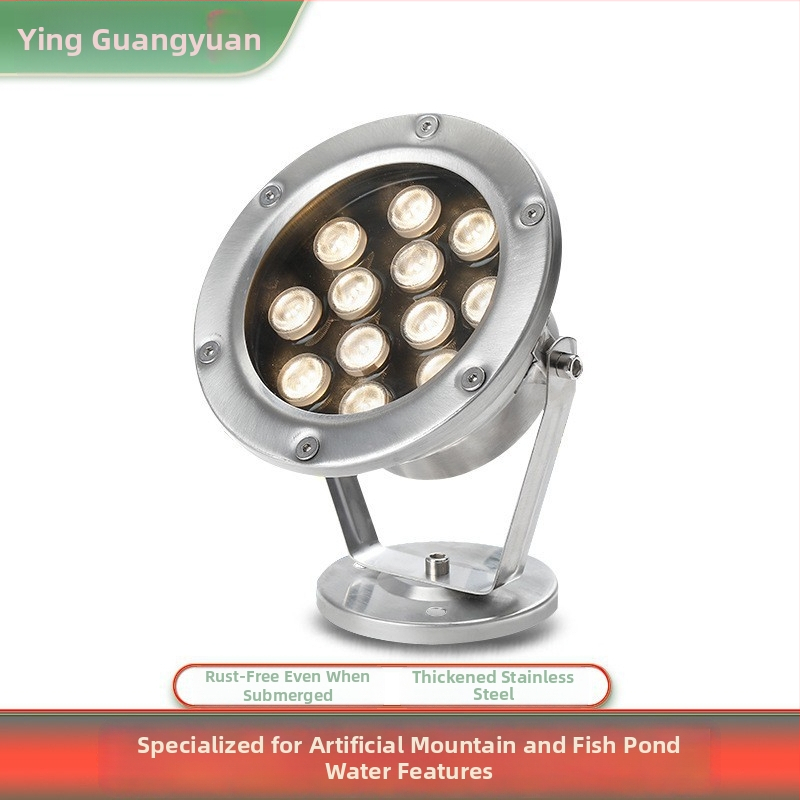 LED pod vodou pre bazény – farebná, vodotesné LED reflektorové svetlo, 12V/24V, 18 LED, 3000K, IP68, nerezová oceľ, uhol lúča 30°, osvetlenie vodných scenérií a jazier