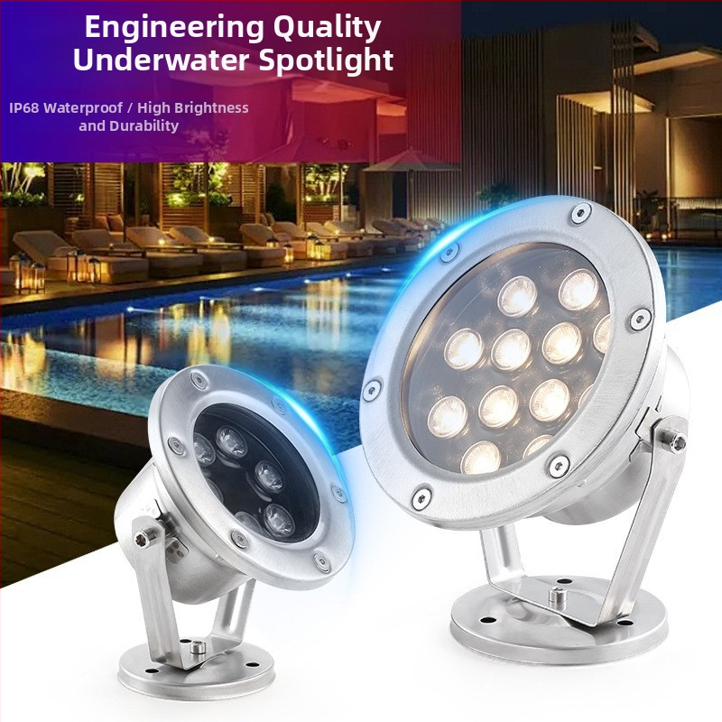 LED pod vodou pre bazény – farebná, vodotesné LED reflektorové svetlo, 12V/24V, 18 LED, 3000K, IP68, nerezová oceľ, uhol lúča 30°, osvetlenie vodných scenérií a jazier