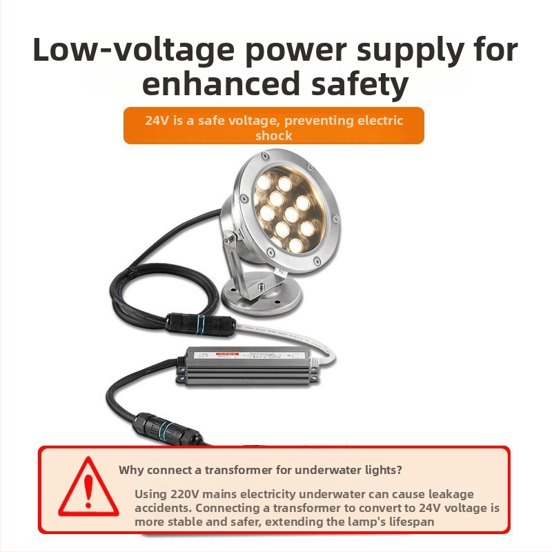 LED pod vodou pre bazény – farebná, vodotesné LED reflektorové svetlo, 12V/24V, 18 LED, 3000K, IP68, nerezová oceľ, uhol lúča 30°, osvetlenie vodných scenérií a jazier