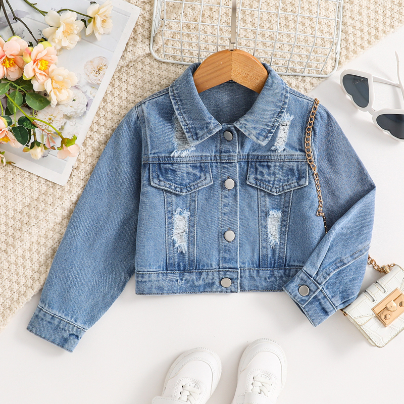 Dječja traper jakna za djevojčice, poderana, kratka, dugi rukavi, mercerizirani pamuk denim (86%), enzimsko pranje