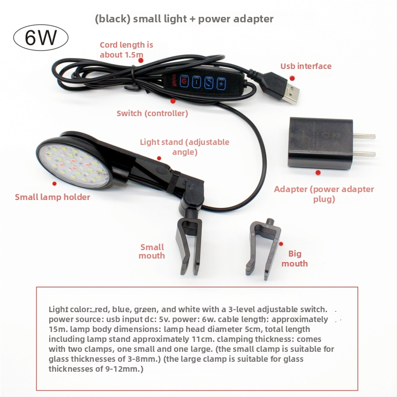LED klips lampica za akvarij, vodootporno kućište ABS, snaga 6W/8W, za osvjetljenje akvarija i dizajn podvodnih biljaka