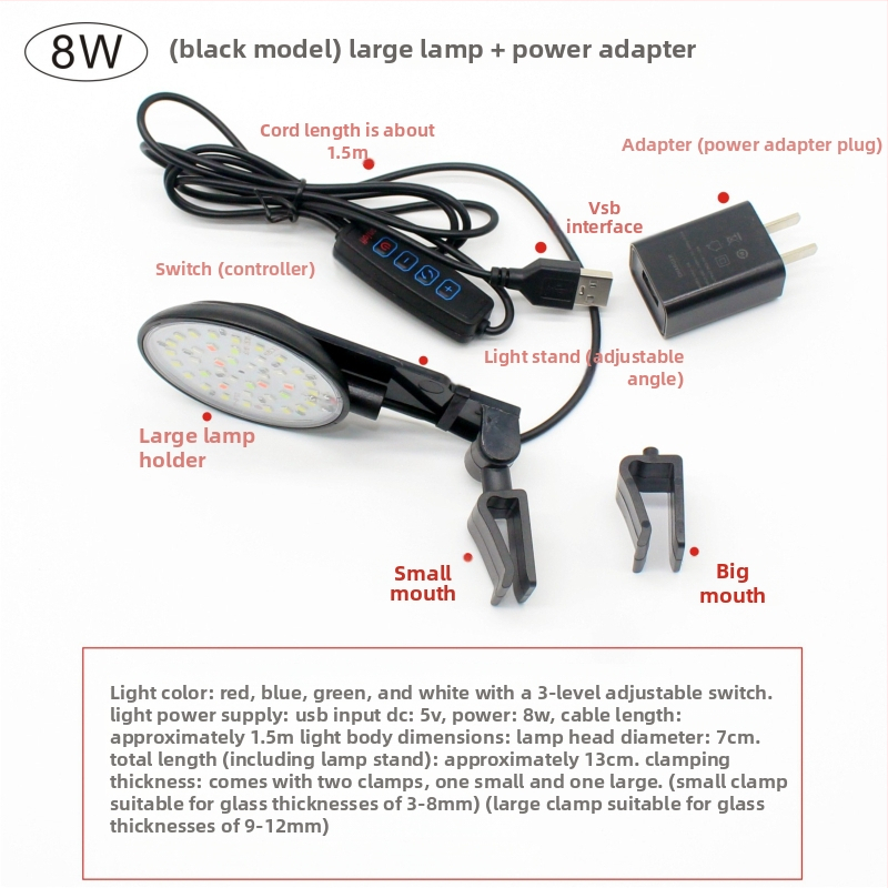 LED klips lampica za akvarij, vodootporno kućište ABS, snaga 6W/8W, za osvjetljenje akvarija i dizajn podvodnih biljaka