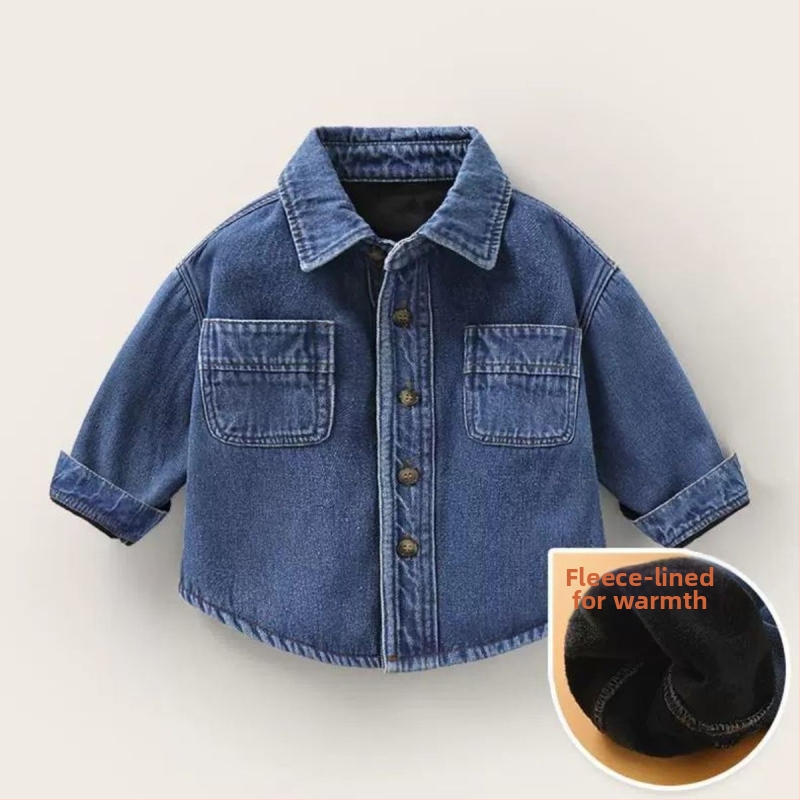 Αγόρια: denim πουκάμισο-τζάκετ με επένδυση φλανελ, όρθιος γιακάς, μακριά μανίκια, πολυεστέρας