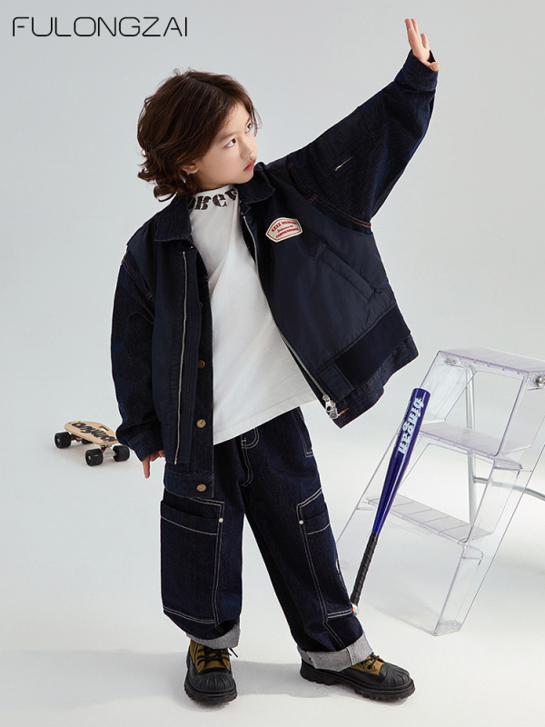 Detská džínsová bunda, kórejský štýl, abstraktný vzor, 100% polyester (pre deti od 8 rokov, jeseň)