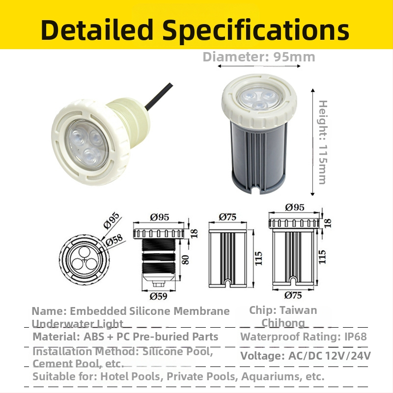 LED podvodné svetlo do bazéna, zapustené, RGB, 12V, IP68, 3 LED, 360 lm, uhol lúča 30°