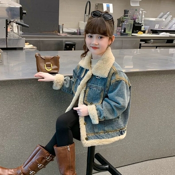 Τζάκετ τζιν για κορίτσια, με παχιά επένδυση φλίς, γιακά πόλο, χειμερινή περίοδος, 71–80% βαμβάκι, για νεογέννητα 0–1 ετών