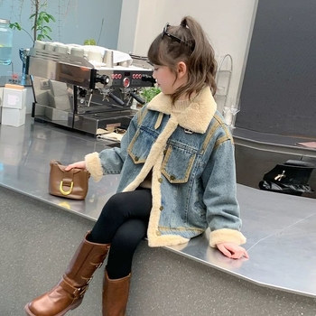 Τζάκετ τζιν για κορίτσια, με παχιά επένδυση φλίς, γιακά πόλο, χειμερινή περίοδος, 71–80% βαμβάκι, για νεογέννητα 0–1 ετών