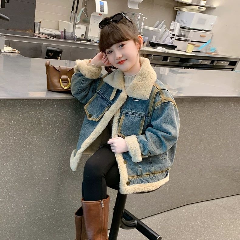 Τζάκετ τζιν για κορίτσια, με παχιά επένδυση φλίς, γιακά πόλο, χειμερινή περίοδος, 71–80% βαμβάκι, για νεογέννητα 0–1 ετών