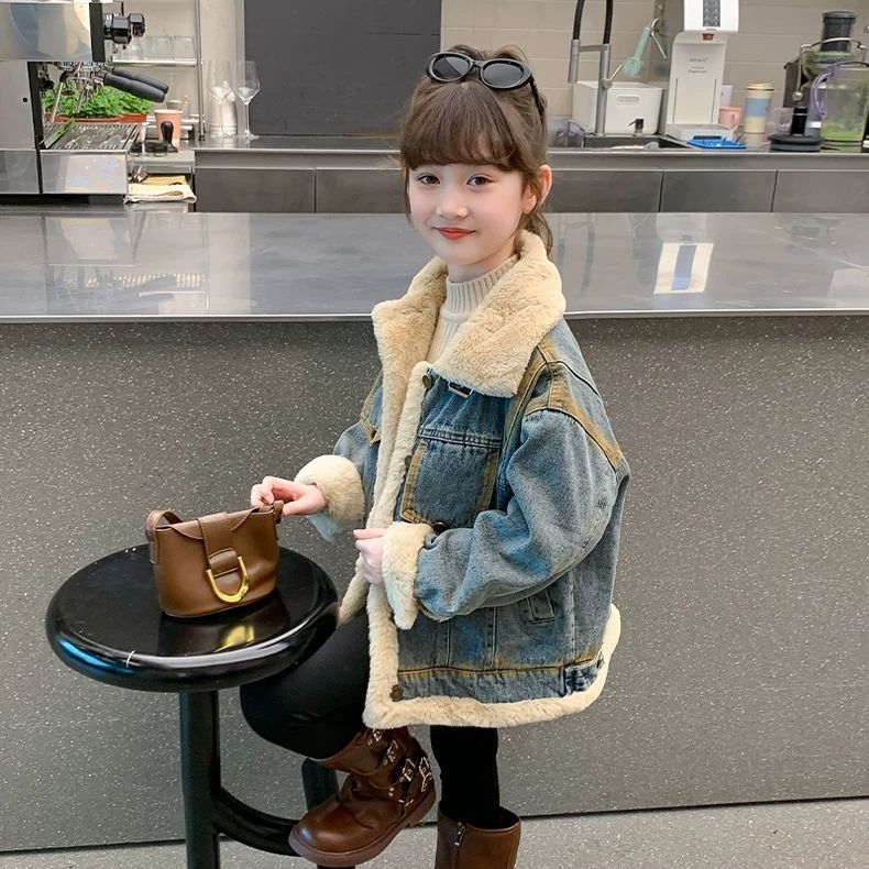 Τζάκετ τζιν για κορίτσια, με παχιά επένδυση φλίς, γιακά πόλο, χειμερινή περίοδος, 71–80% βαμβάκι, για νεογέννητα 0–1 ετών