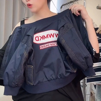 Παιδικό τζάκετ με patchwork από τζίν και επιγραφές με γράμματα, κουκούλα, στάντ-γιακά, ελαφρύ βαμβάκι, για νεογέννητα 0–12 μηνών, Άνοιξη 2025