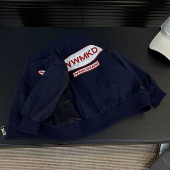 Παιδικό τζάκετ με patchwork από τζίν και επιγραφές με γράμματα, κουκούλα, στάντ-γιακά, ελαφρύ βαμβάκι, για νεογέννητα 0–12 μηνών, Άνοιξη 2025