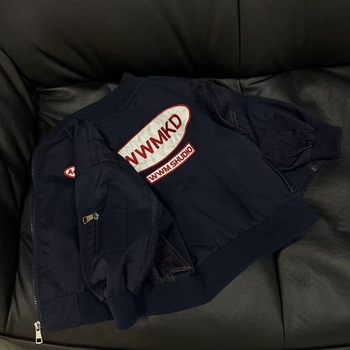 Παιδικό τζάκετ με patchwork από τζίν και επιγραφές με γράμματα, κουκούλα, στάντ-γιακά, ελαφρύ βαμβάκι, για νεογέννητα 0–12 μηνών, Άνοιξη 2025