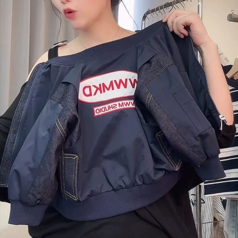 Παιδικό τζάκετ με patchwork από τζίν και επιγραφές με γράμματα, κουκούλα, στάντ-γιακά, ελαφρύ βαμβάκι, για νεογέννητα 0–12 μηνών, Άνοιξη 2025