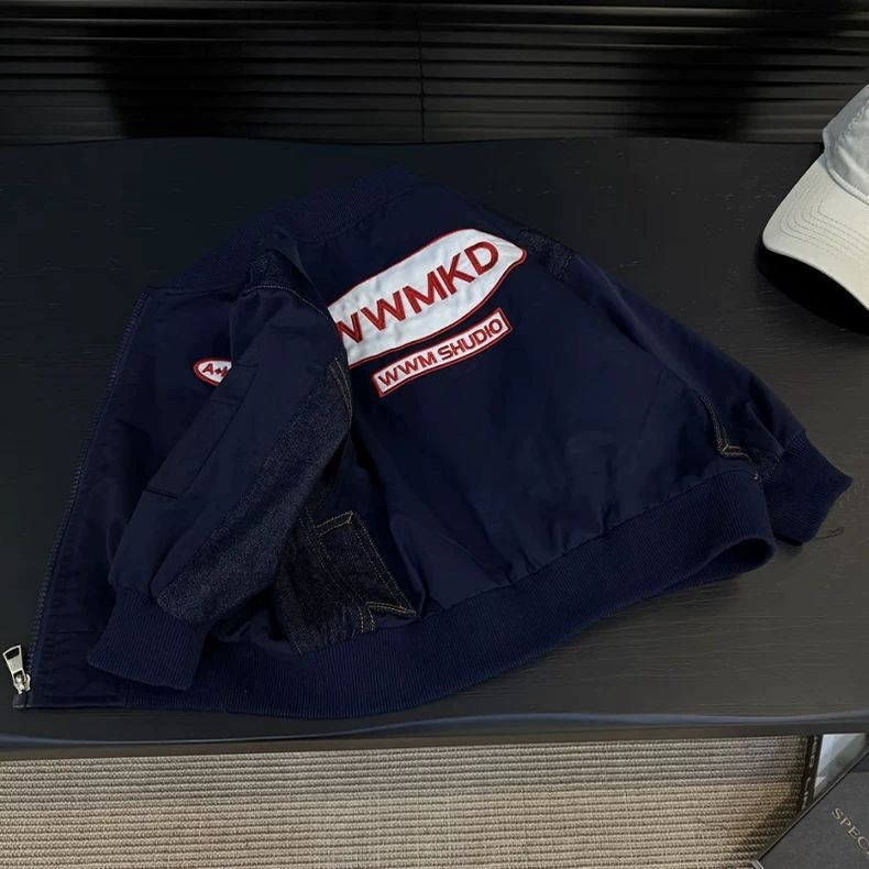 Παιδικό τζάκετ με patchwork από τζίν και επιγραφές με γράμματα, κουκούλα, στάντ-γιακά, ελαφρύ βαμβάκι, για νεογέννητα 0–12 μηνών, Άνοιξη 2025