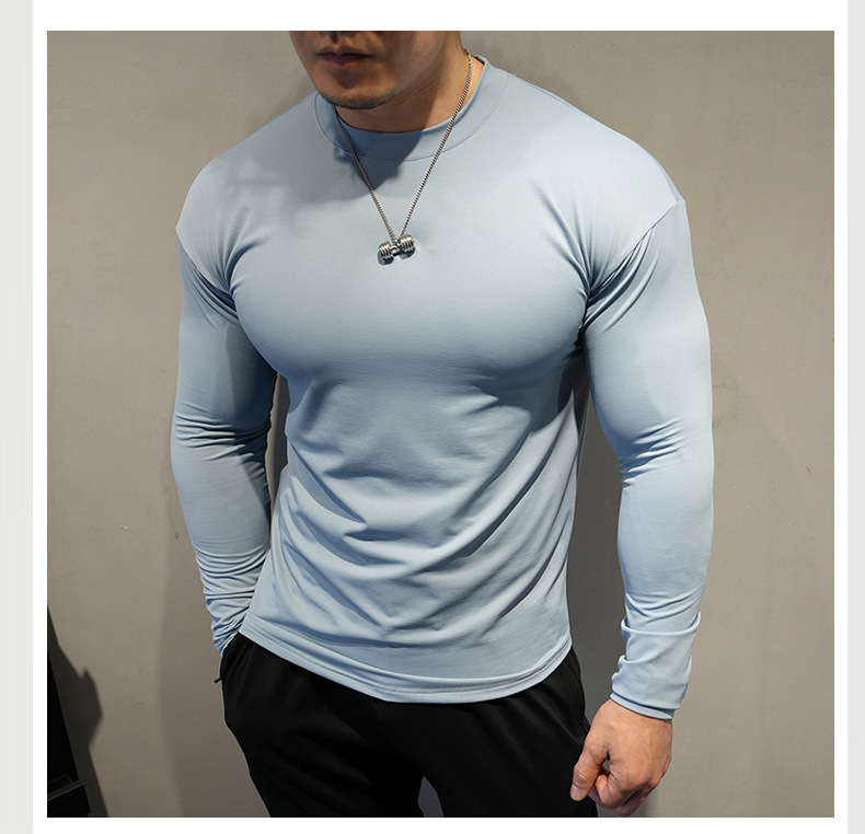 Muški dugi rukav fitness top - uski kroj, visoka elastičnost, brzo sušenje, prozračan, polu-visoki ovratnik