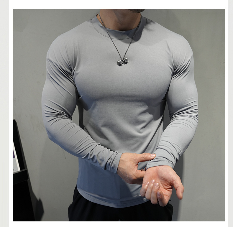 Muški dugi rukav fitness top - uski kroj, visoka elastičnost, brzo sušenje, prozračan, polu-visoki ovratnik