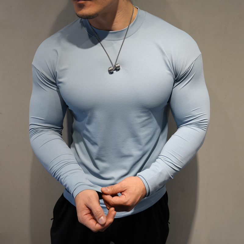Muški dugi rukav fitness top - uski kroj, visoka elastičnost, brzo sušenje, prozračan, polu-visoki ovratnik