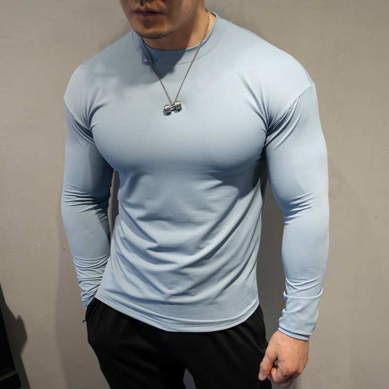 Muški dugi rukav fitness top - uski kroj, visoka elastičnost, brzo sušenje, prozračan, polu-visoki ovratnik
