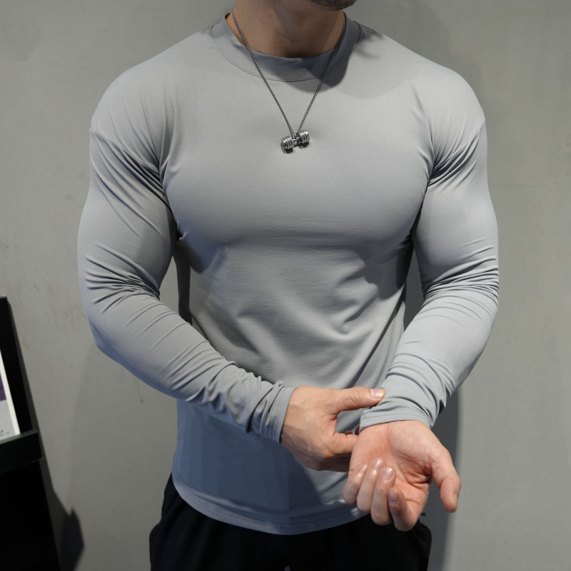 Muški dugi rukav fitness top - uski kroj, visoka elastičnost, brzo sušenje, prozračan, polu-visoki ovratnik