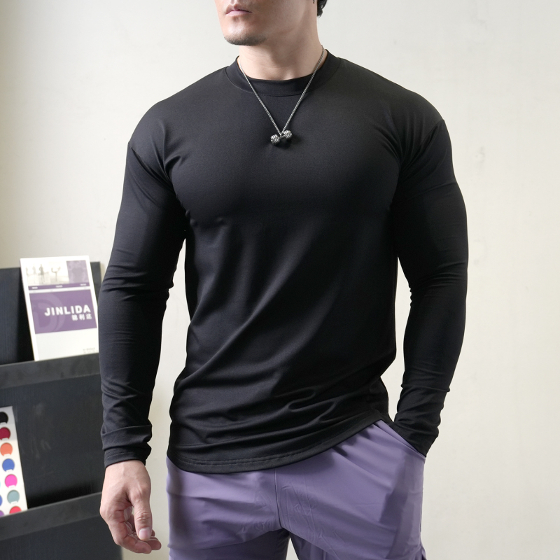Muški dugi rukav fitness top - uski kroj, visoka elastičnost, brzo sušenje, prozračan, polu-visoki ovratnik