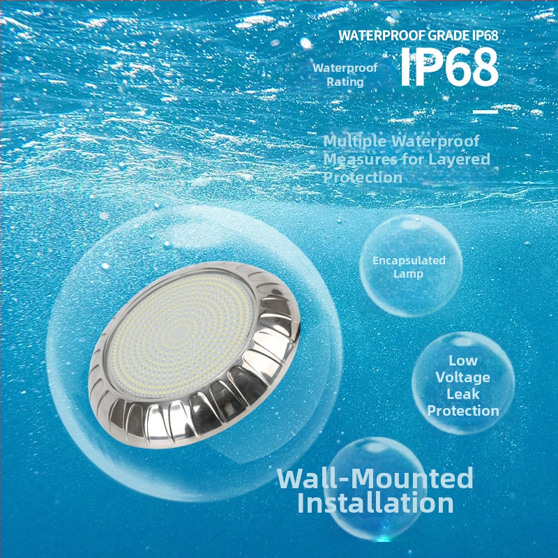 LED podvodné nástenné svetlo pre bazén, IP68, 12V AC vstup, rozmery 220×35 mm, puzdro z nerezovej ocele + PC