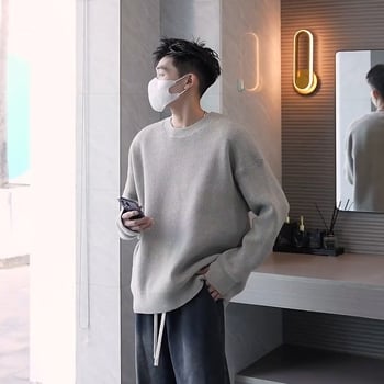 Πλεκτός ανδρικός πουλόβερ με fleece επένδυση, στενή γραμμή, στρογγυλός λαιμός, μακριά μανίκια, ύφασμα από μείγμα πολυεστέρα και βισκόζης